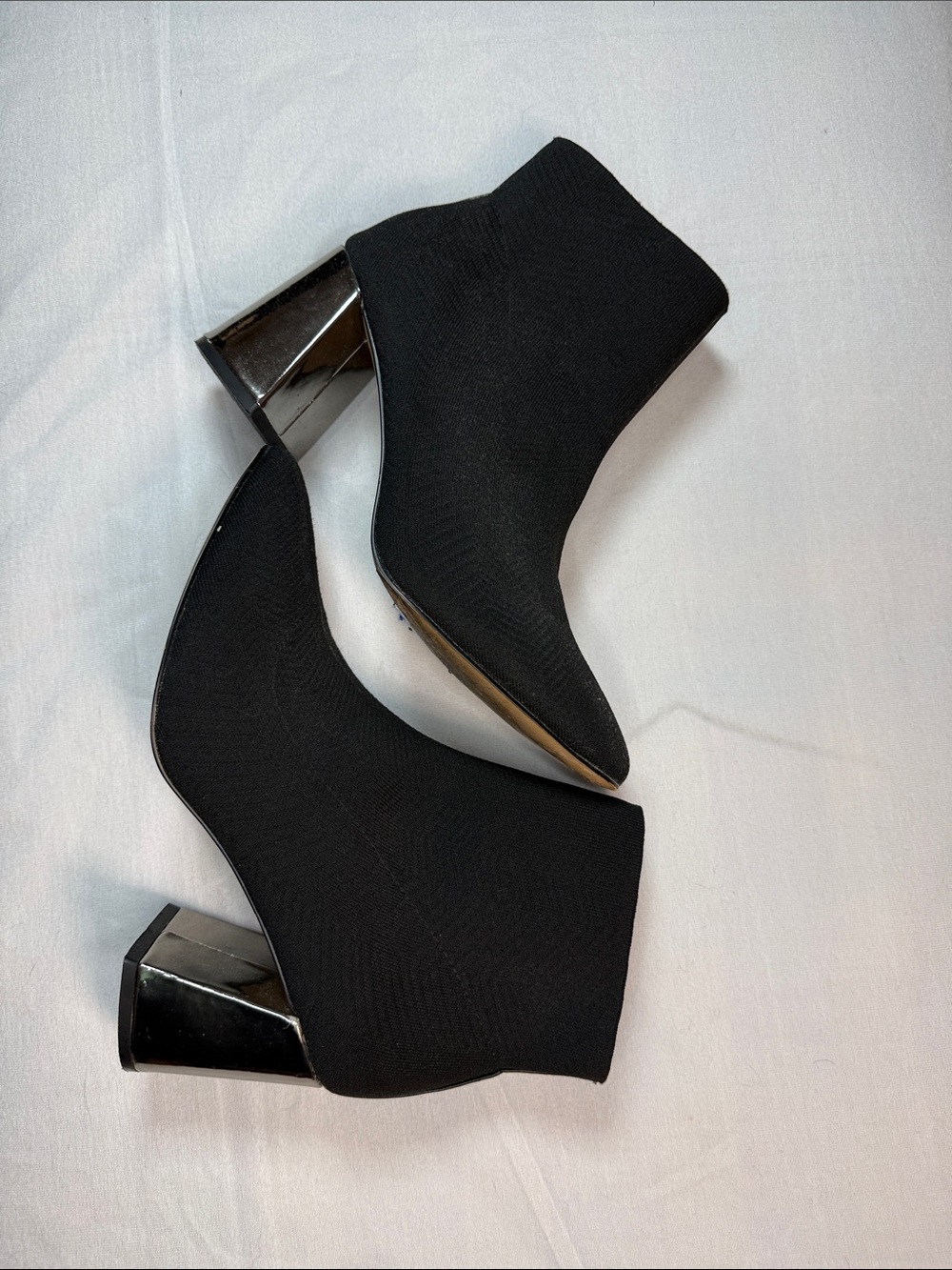 Black Stretch Sock Ankle Boots with Metallic Block Heel - Women's